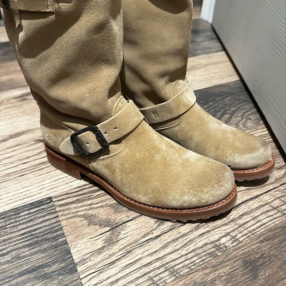 Frye Tan Ankle Boots with Suede Texture and Buckle Accent - Picture 2 of 6